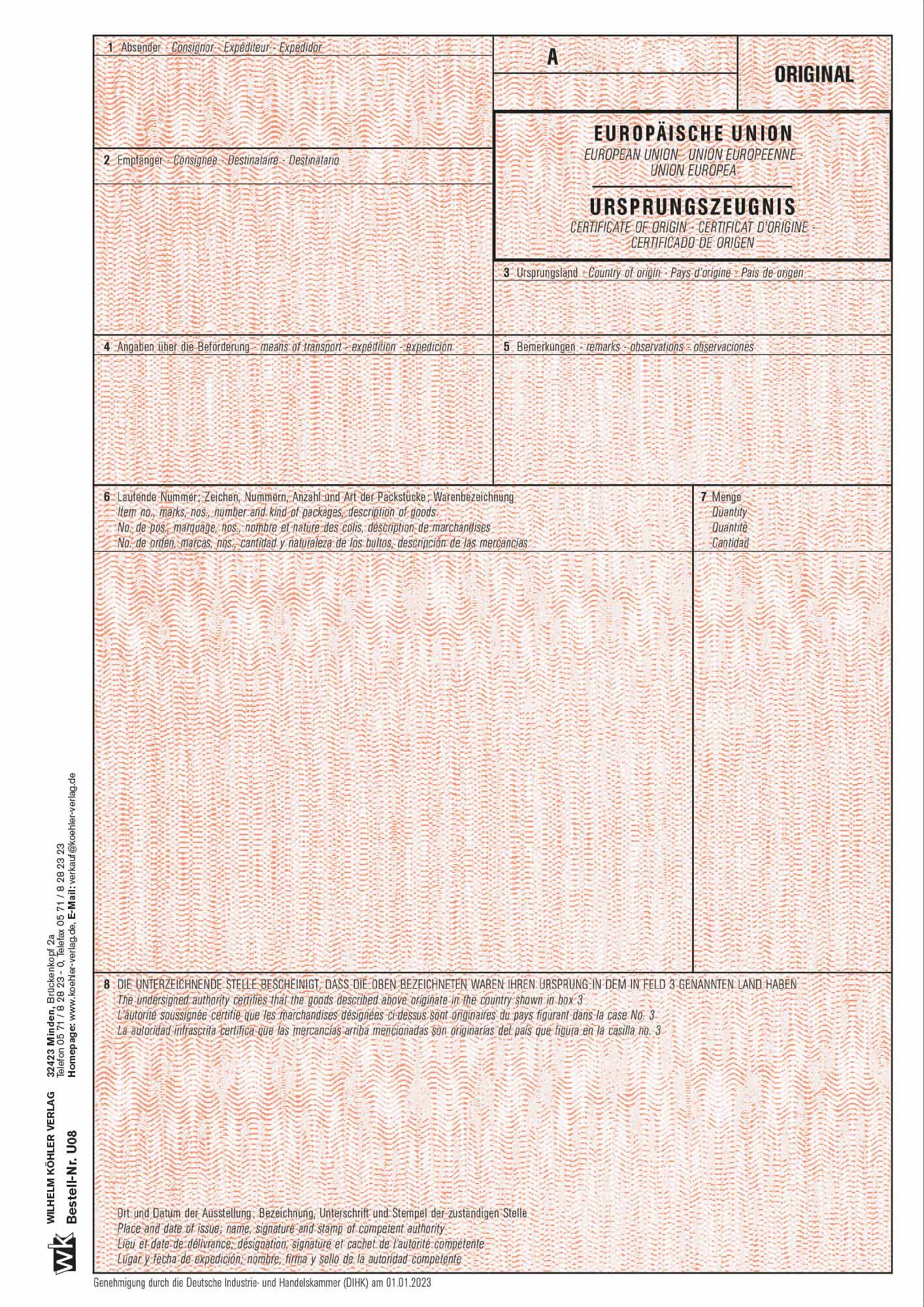 U08 Ursprungszeugnis eUZ  - OHNE Nummer, mit Kennung A