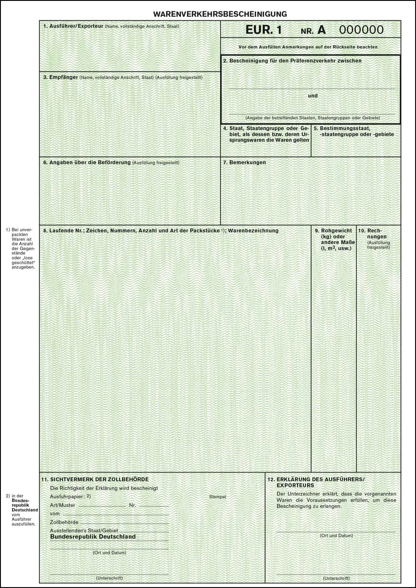 826 EUR. 1 Warenverkehrsbescheinigung