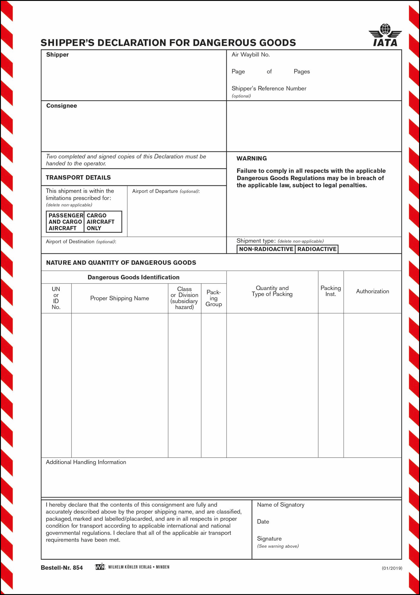 854 Shippers Declaration Luftverkehr IATA