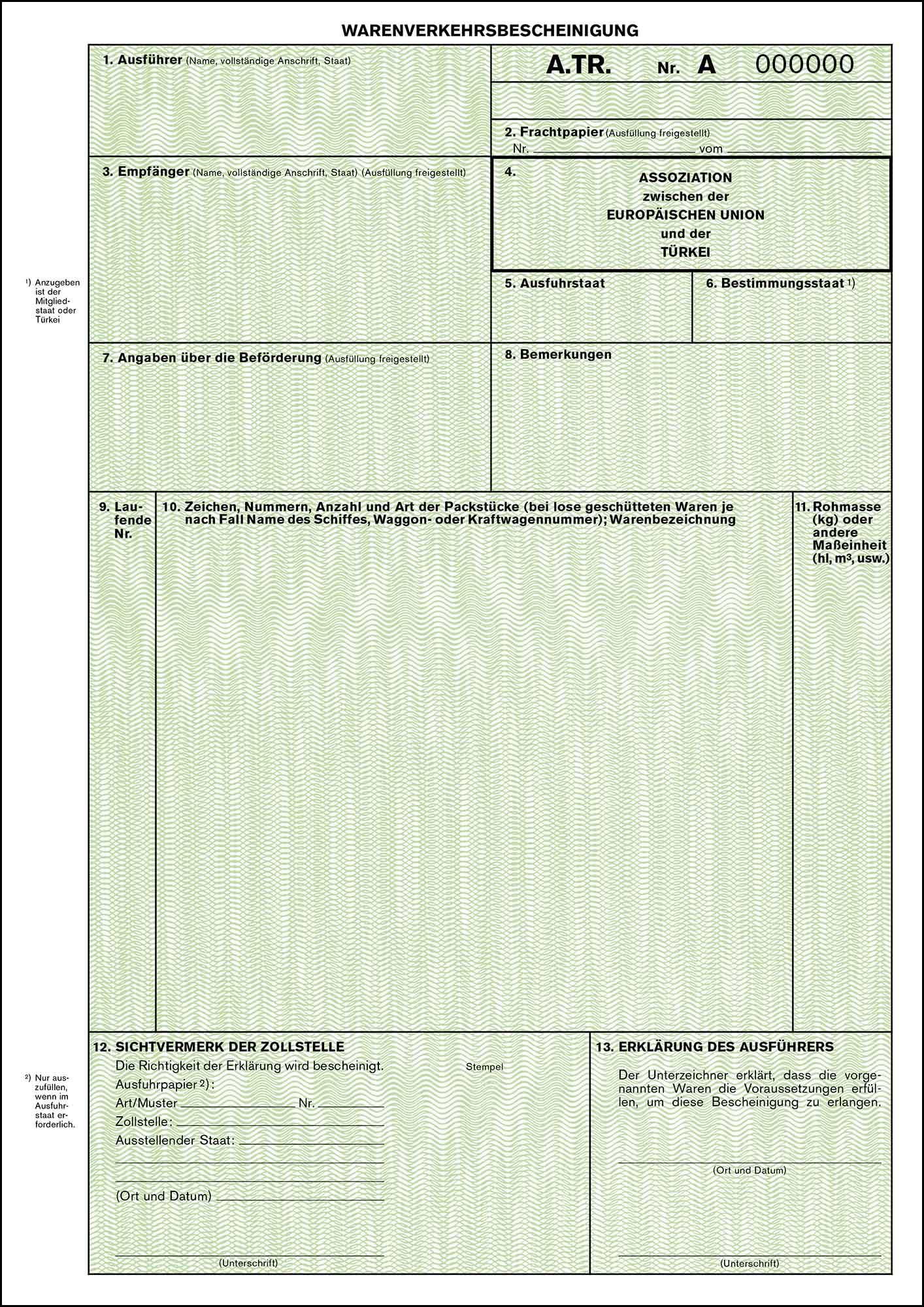 802 A.TR. Warenverkehrsbescheinigung Türkei
