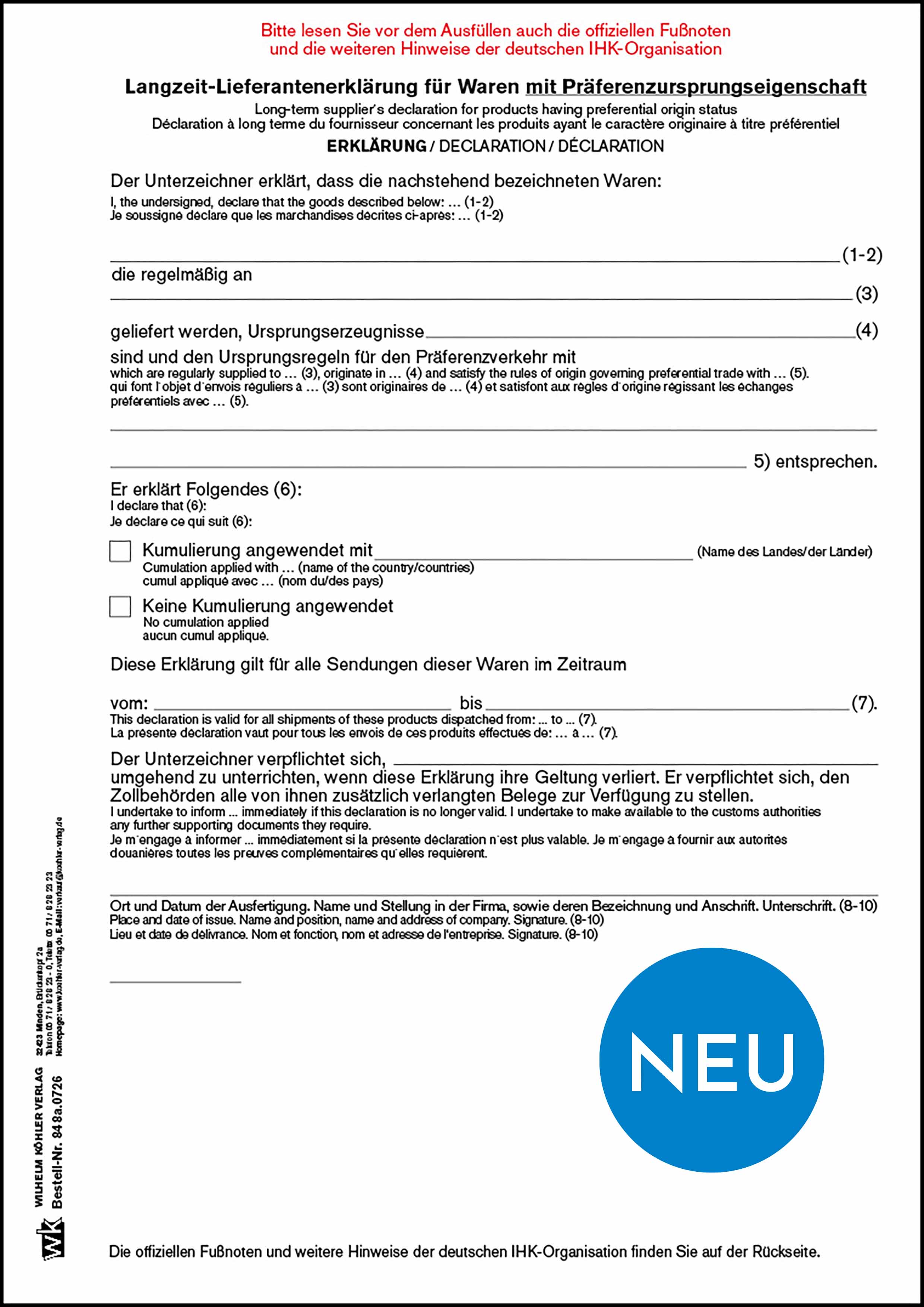 848a.0726  Langzeit-Lieferantenerklg.m. Präferenz DIHK-F