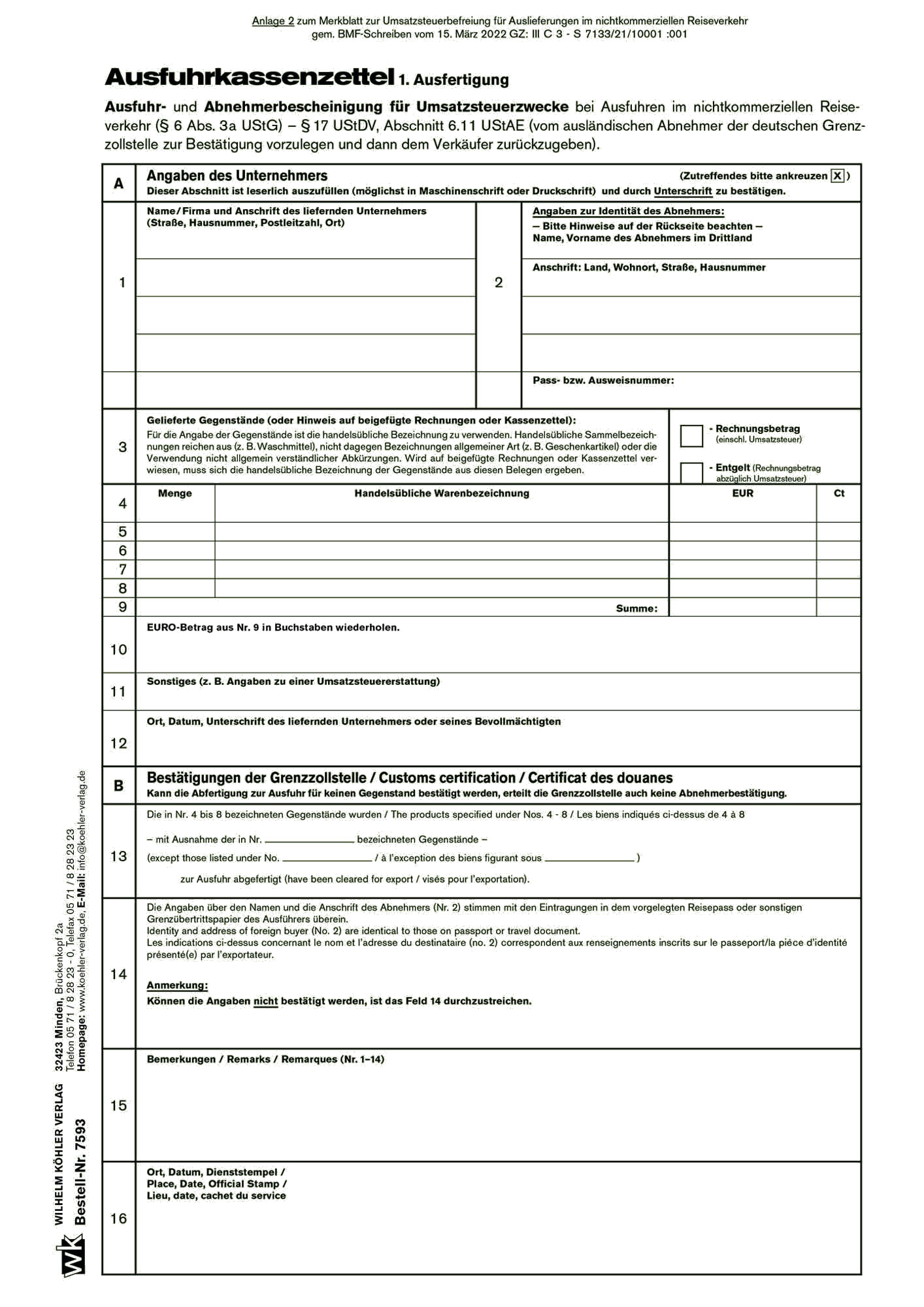 7593  Ausfuhrkassenzettel