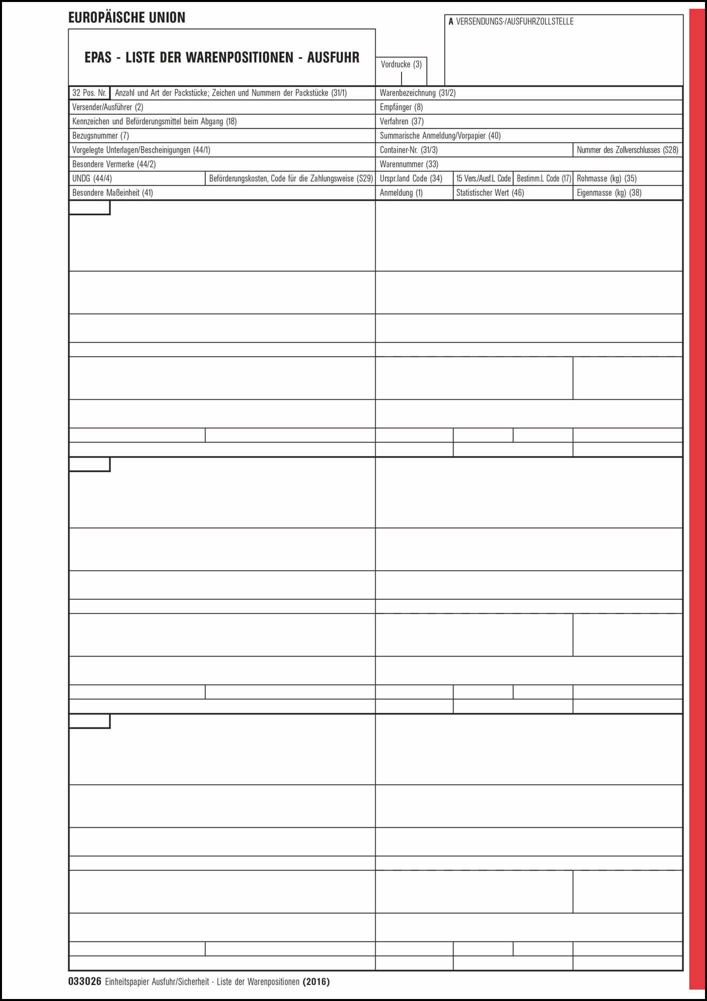 033026 Einheitspapier Ausfuhr/Sicherheit Liste der Warenpositionen