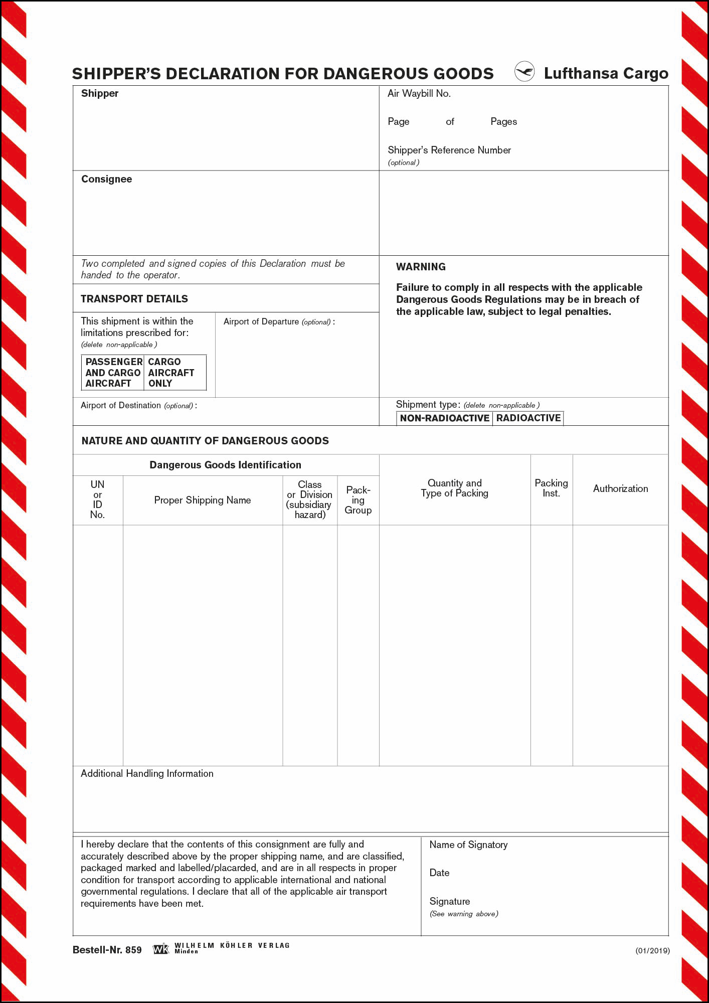 859 Shippers Declaration Lufthansa Cargo