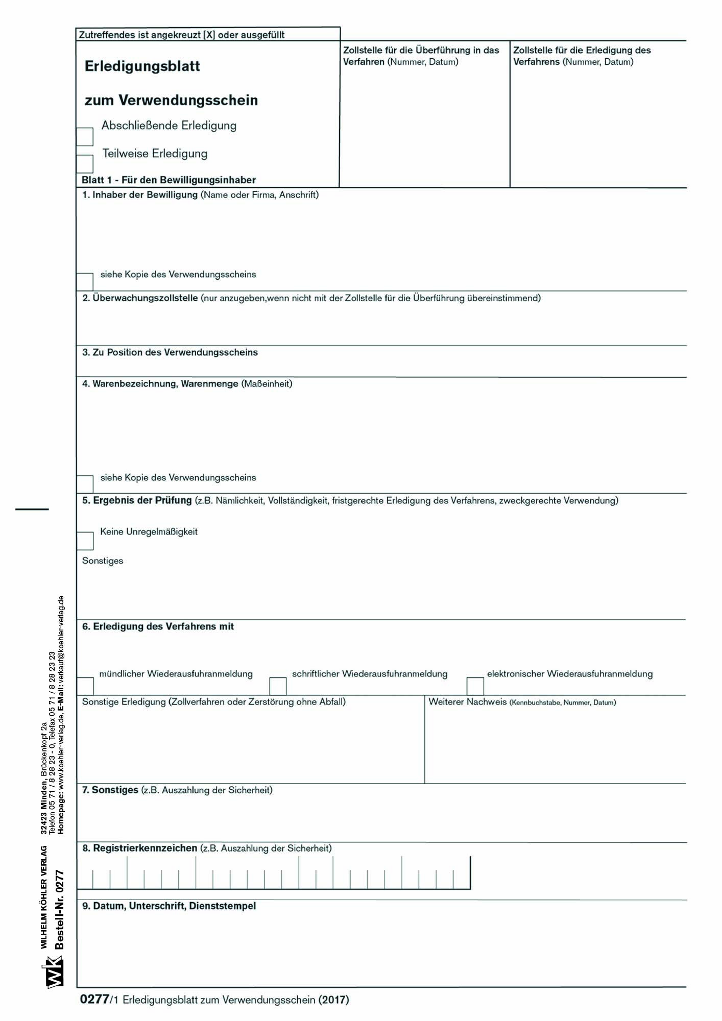 0277 Erledigungsblatt zum Verwendungsschein