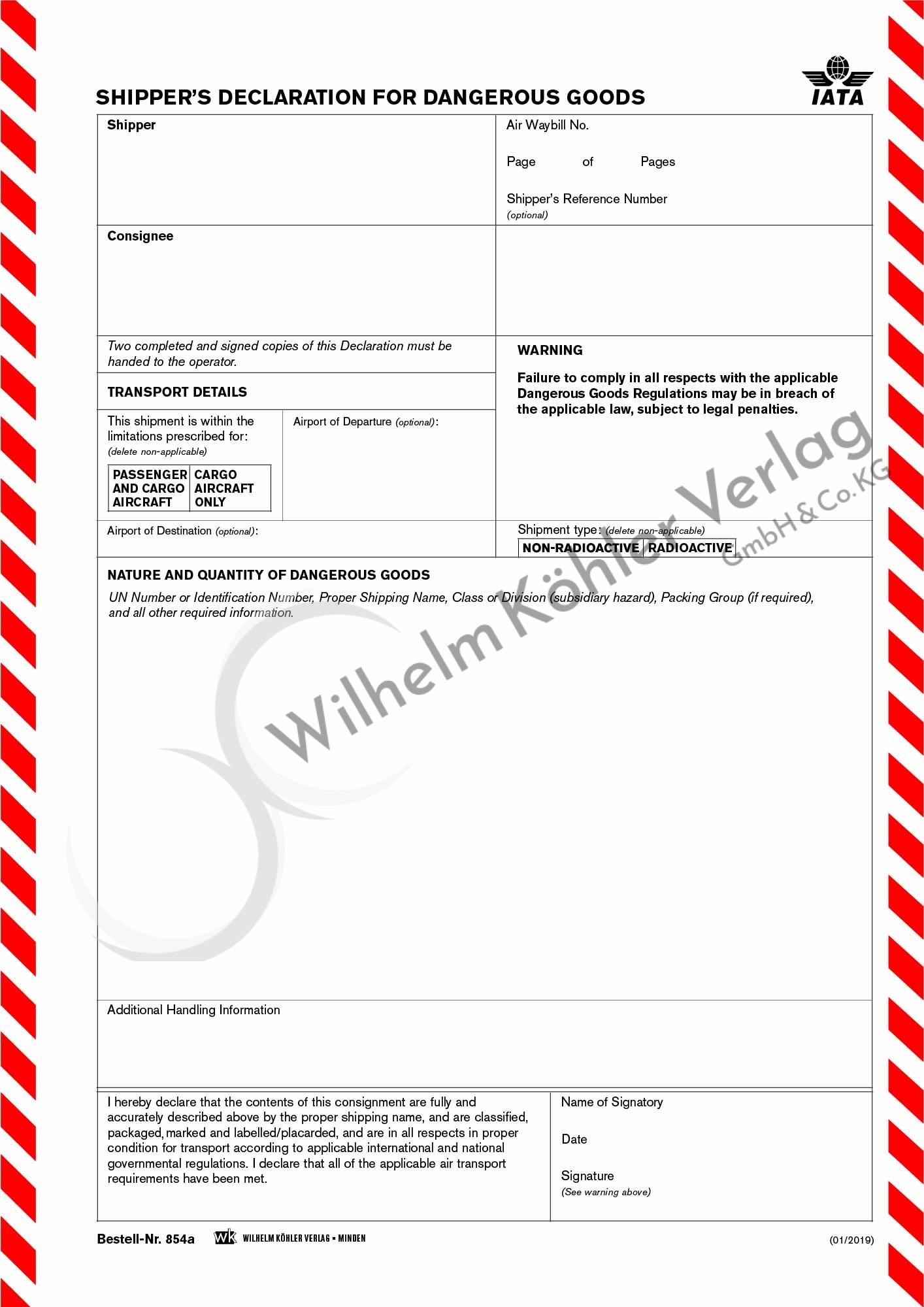 854a Shipper`s declaration for dangerous goods Luftverkehr IATA | 854a