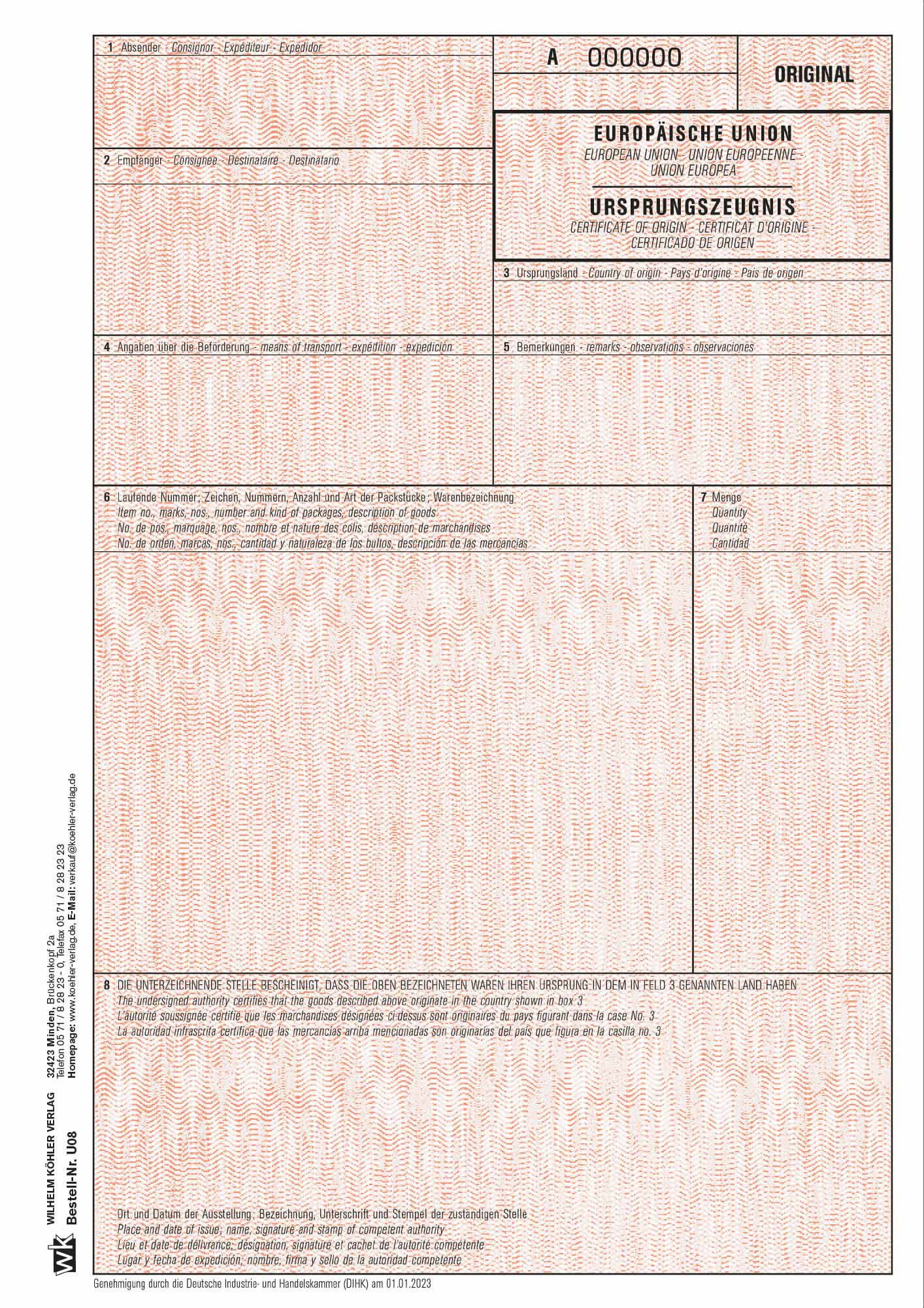 U08 Ursprungszeugnis - MIT Nummer, mit Kennung A