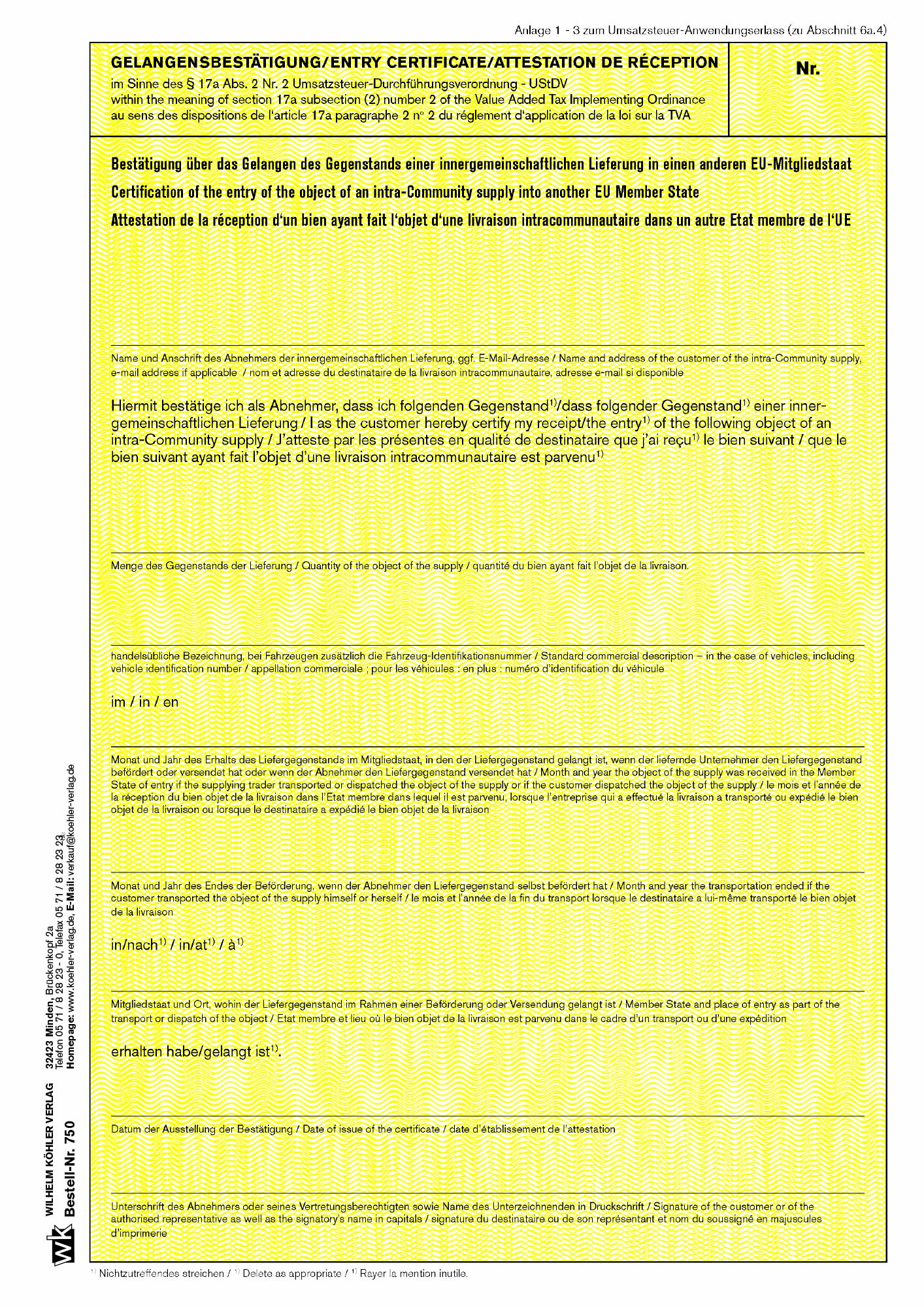 750 Gelangensbestätigung