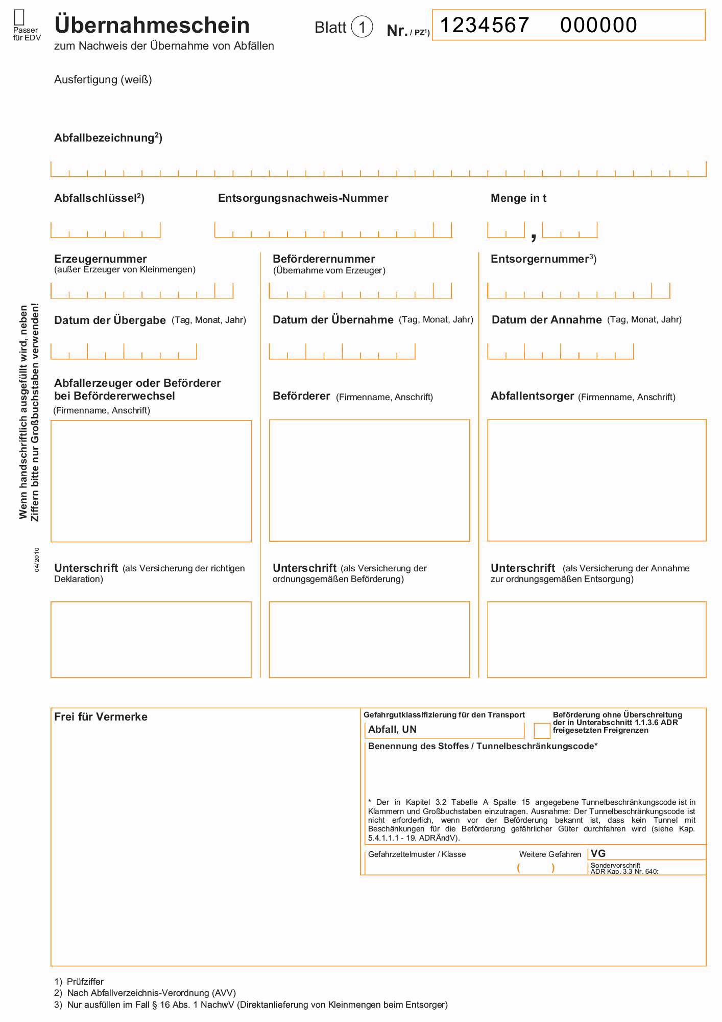 452 Übernahmeschein Abfall